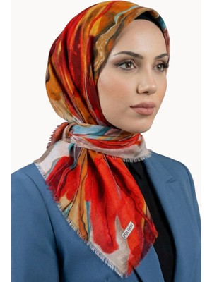Hadiora Kadın  Turuncu Sarı Soyut Desenli Pamuklu Flamlı Eşarp
