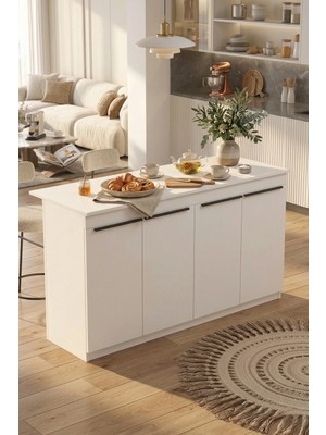 Yurudesign Orren Ada Mutfak Yemek Masası 4 Kapaklı 160CM Beyaz Or1-W