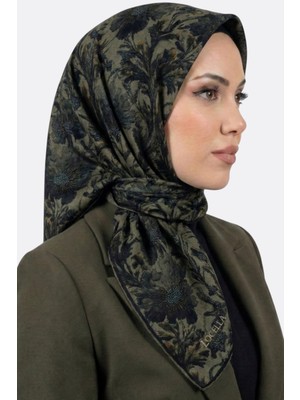 Hadiora Locella Kadın Haki Yeşil Lacivert Çiçek Desenli Organik Pamuk Soft Eşarp