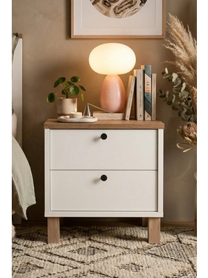 Yurudesign Nord Komodin 2 Çekmeceli Ahşap Ayaklı Sepet-Beyaz Nd9-Sw