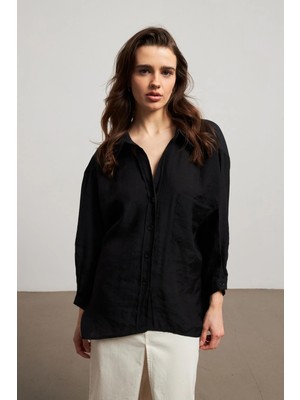 Prifaldi Zr Trend Oversize Düğmeli Siyah Gömlek