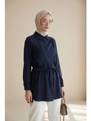 Moda Morfo Önü Çift Kat Omuz Detaylı Bağcıklı Düğmeli Modal Gömlek  -K.laci