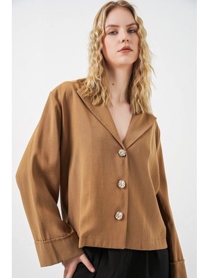 Hiccup Kadınlar Bdart Düğmeli Oversize Blazer Ceket Deve Kahvesi