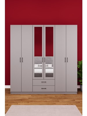 Asra Trend Lüks 6 Kapaklı Çekmeceli Gardırop %100 MDF Askılı Aynalı Düzenleyici Elbise Dolabı G-05
