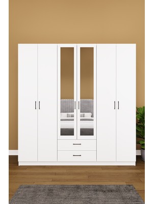 Asra Trend Lüks 6 Kapaklı Çekmeceli Gardırop %100 MDF Askılı Aynalı Düzenleyici Elbise Dolabı G-05