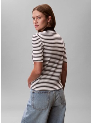 Calvin Klein Jeans Siyah - Beyaz Kadın Standart Çizgili Polo T-Shirt Ss Monologo Baby Rıb Polo Strıpe