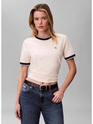 Calvin Klein Jeans Bej Kadın T-Shirt Ss Ctn Monogram Strıpe Trım Tee