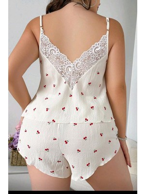Aura Dantel Lucygirls Sırt Dantelli Büyük Beden Kiraz Desenli Pijama Takım