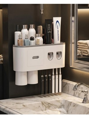 Çift Dispenserli Macunu Sıkacağı 6 Fırçalık Bardaklı Banyo Organizer