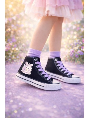 Ymn Ayakkabı Lumi Baskılı Lila Bağcıklı Bilekli Siyah Çocuk Sneaker