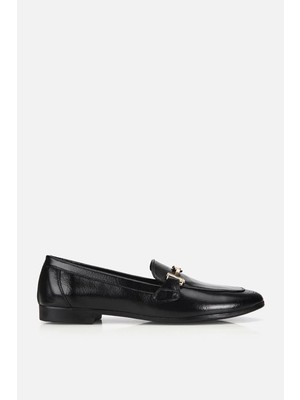 Yaya By Hotiç Kadın Siyah Rugan Suni Deri Gold Tokalı Loafer Düz Tabanlı Casual Ayakkabı