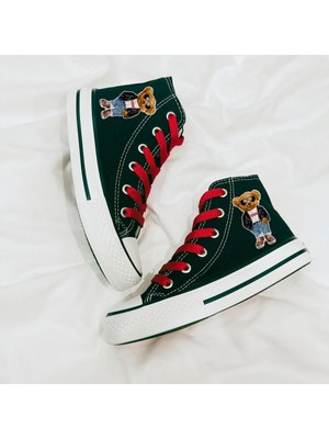 Ymn Ayakkabı Teddy Bear Ayıcık Baskılı, Kırmızı Bağcıklı, Siyah Bilekli Spor Ayakkabı Çocuk Sneaker
