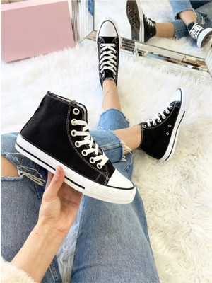 Ymn Ayakkabı Siyah Uzun Keten Spor Ayakkabı, Bilekli Unisex Sneaker