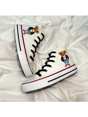 Ymn Ayakkabı Teddy Bear Ayıcık Baskılı, Siyah Bağcıklı, Beyaz Bilekli Spor Ayakkabı Çocuk Sneaker