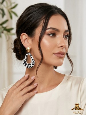 Vulcao Damla Model Leopar Kumaş Detaylı Gold Küpe