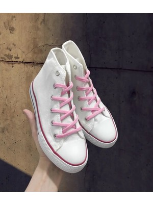 Ymn Ayakkabı Pembe Bağcıklı, Bilekli Beyaz Spor Ayakkabı Çocuk Sneaker