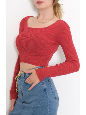 Bigümex Kare Yaka Uzun Kollu Crop Bluz, Parmak Geçmeli