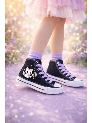 Ymn Ayakkabı Magic Kitty Baskılı Lila Bağcıklı Bilekli Siyah Çocuk Sneaker