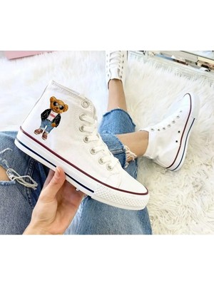Ymn Ayakkabı Teddy Bear Ayıcık Baskılı Beyaz Bilekli Spor Ayakkabı Çocuk Sneaker