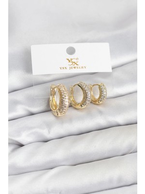 Uravas Store Mey Ithalat® Pirinç Gold Renk Zirkon Taşlı Halka Model Ysx Trio Küpe Seti