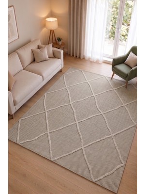 Tch Home Living Pia Bej Iskandinav Karo Tasarım Jüt Taban Halı, Salon Halısı, Mutfak Halısı, Koridor Halısı, Yolluk, Dış Mekan Halısı