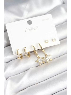 Uravas Store Pirinç Gold Renk Yıldız Model 925 Gümüş Çivili Kadın Küpe Seti - TJ-BKP11256