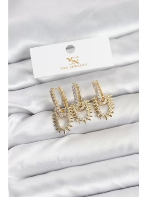 Uravas Store Pirinç Gold Renk Zirkon Taşlı Vintage Model Ysx Trio Küpe Seti - TJ-BKP11560