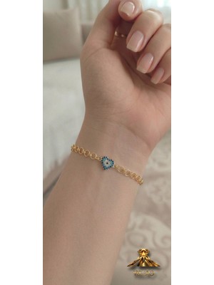 Vulcao Gold Renk Kalp Nazar Boncuk Detaylı Bileklik