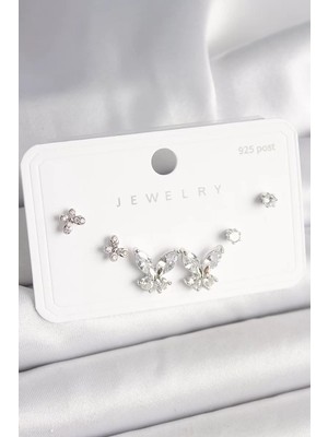Uravas Store 925 Ayar Gümüş Çivi Pirinç Zirkon Taşlı Kelebek Model Kadın Küpe Seti - TJ-BKP10402