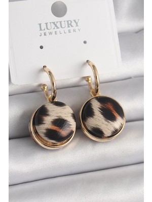 Uravas Store Pirinç Gold Renk Leopar Desenli Daire Model Kadın Küpe - TJ-BKP9878