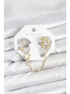Uravas Store Pirinç Gold Renk Yıldız Model Zincir Bağlantılı Ear Cuff Küpe Seti - TJ-BKP11538