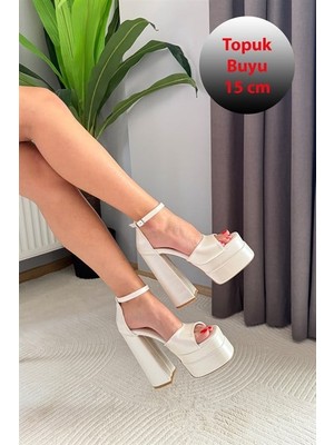 Les Passent Kadın Elina Sedef Beyaz Tek Bantlı 15 cm Platform Topuklu Ayakkabı
