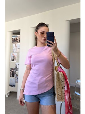 Magarde Asimetrik Kesim Kısa Kollu Bluz- Pembe