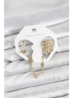 Uravas Store Pirinç Gold Renk Sarmal Model Zincir Bağlantılı Ear Cuff Küpe Seti - TJ-BKP11536