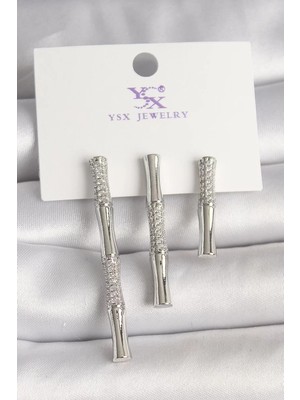 Uravas Store Pirinç Gümüş Renk Zirkon Taşlı Bambu Model 3'lü Kadın Kombin Küpe - TJ-BKP10462