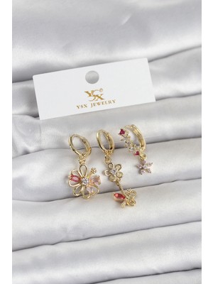 Uravas Store Mey Ithalat® Pirinç Gold Renk Çiçek Model 3'lü Kadın Küpe