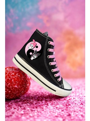Ymn Ayakkabı Kuromi ve My Melody Baskılı Pembe Bağcıklı Siyah Bilekli Spor Ayakkabı Çocuk Sneaker