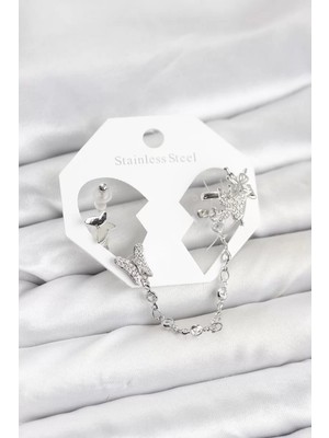 Uravas Store Pirinç Gümüş Renk Kelebek Model Zincir Bağlantılı Ear Cuff Küpe Seti - TJ-BKP11535
