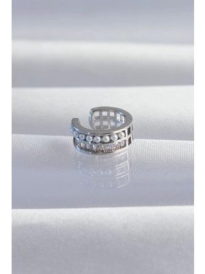 Uravas Store Pirinç Gümüş Renk Incili Baget Taşlı Earcuff Küpe - TJ-BKP9338