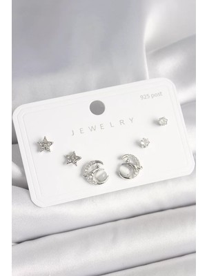 Uravas Store 925 Ayar Gümüş Çivi Zirkon Taşlı Hilal Yıldız Model Kadın Küpe Seti - TJ-BKP10398