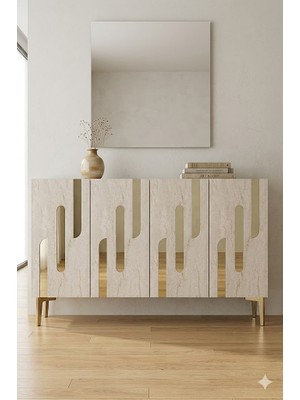 KA1229BTG Ece Konsol ve Tv Sehpası Beyaz-Traverten-Gold 120CM