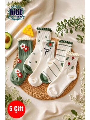Hitit Socks Kadın 5 Çift Premium Kabartma Desenli Çiçek ve Çizgi Desenli Uzun Soket Çorap Yeşil
