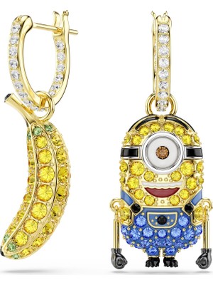 Swarovski Minions Stuart And Banana Halka Küpe Pave Mini Çok Renkli Sarı Altın Rengi Kaplama