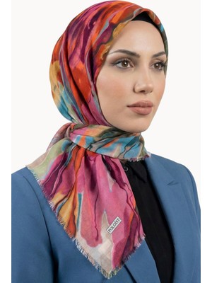 Hadiora Kadın Koyu Pembe Turuncu Soyut Desenli Pamuklu Flamlı Eşarp