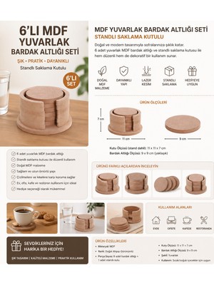 Art Elegant Ahşap Mdf Yuvarlak Bardak Altlığı 6 Lı