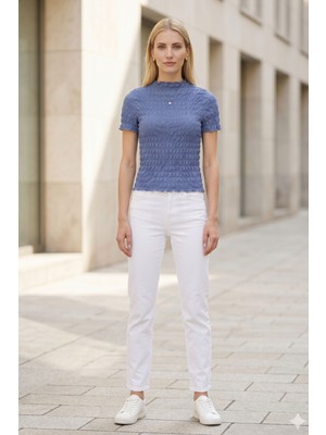 Lupinn Kadın Mavi Büzgülü Dokulu Bluz Slim Fit Kısa Kol Yüksek Yaka Esnek Modern Şık Üst Bluz