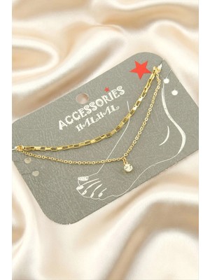İlkyaz Fashion Tek Taşlı Dikdörtgen Çift Zincirli Halhal