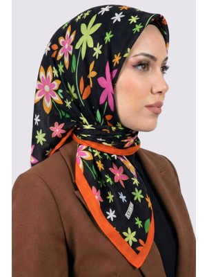 Hadiora Lady Coco Kadın Siyah Çok Renkli Papatya Desenli Organik Pamuk Soft Eşarp