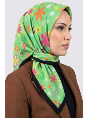 Hadiora Lady Coco Kadın Fıstık Yeşili Çok Renkli Papatya Desenli Organik Pamuk Soft Eşarp