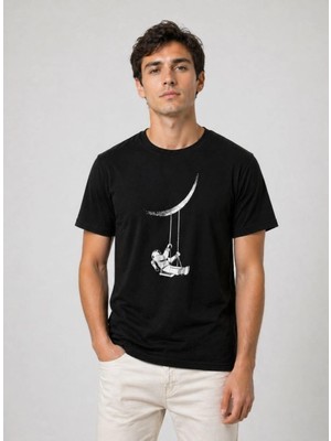 MidasTech Erkek Astronot Ay Temalı Tişört Kısa Kol Yazlık Bisiklet Yaka T-Shirt - Siyah